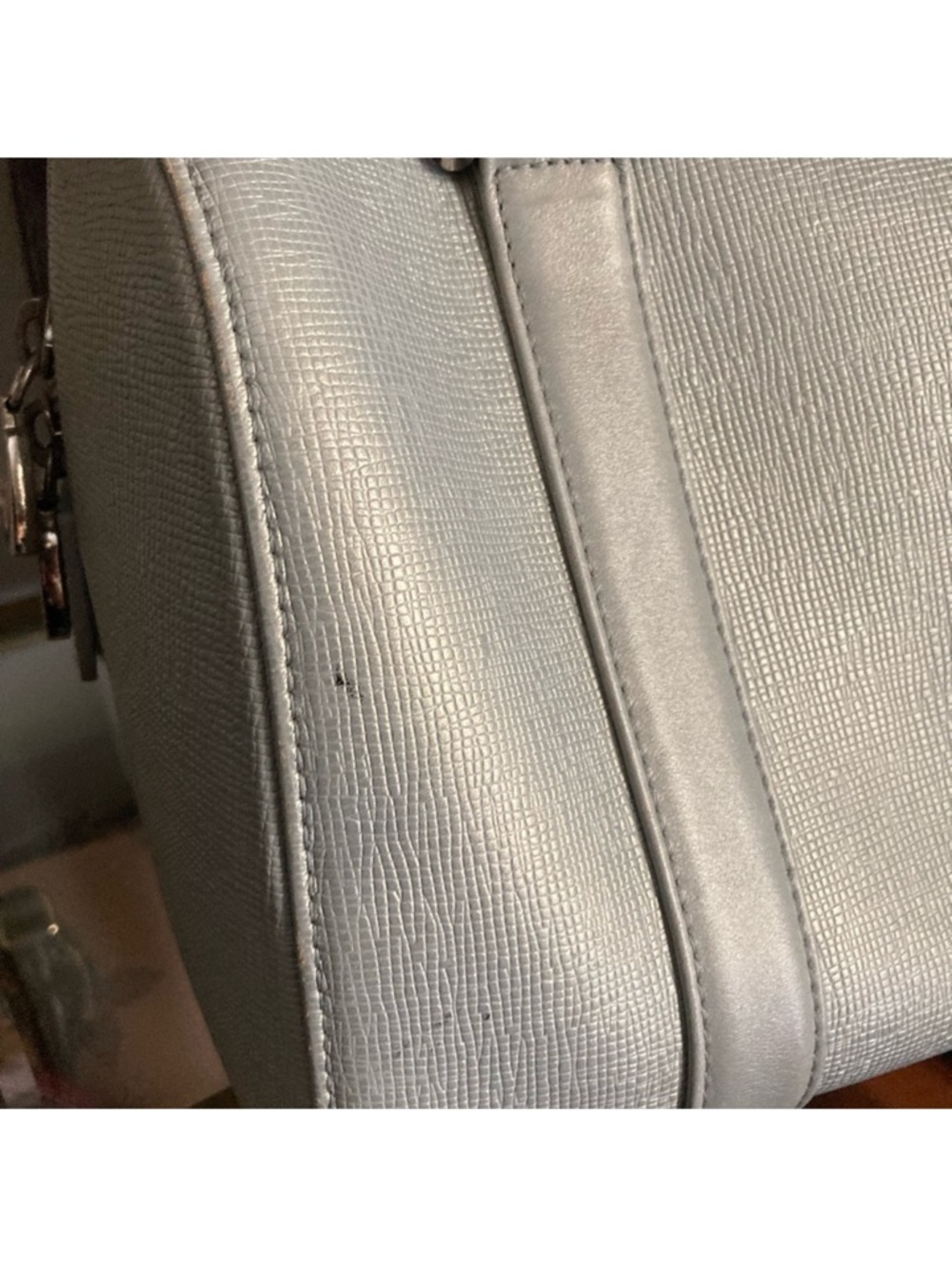 AUTHENTIC MCM 🩶Silver Studded Saffiano leather Boston Handbag EUC - Picture 12 of 16